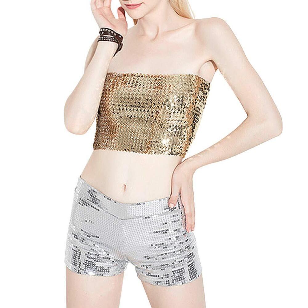 1493 Sparkly Bling Sequin Tube Top Sexy Stretchy Crop Top Party Costume